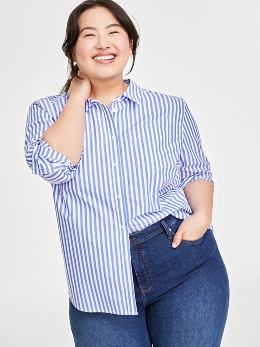 Women's Plus Size Collared Button-Up Blue/White Striped Long-Sleeved Shirt - 3X